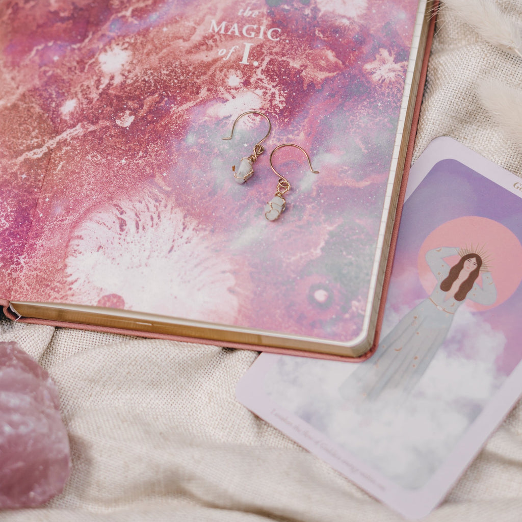 Soul Quartz Moonstone dainty yellow gold drop earrings on Magic of I journal and Eunoia Card